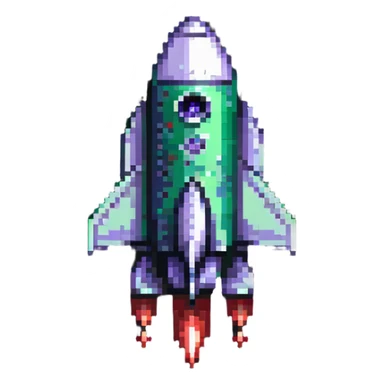 rocket ship with green to red gradient, pixel art style sticker