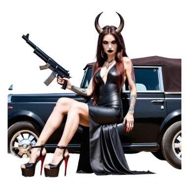 Lilith model red eye sexy black  devil horns.  long brown haired sexy succubus woman with leather long dress slit, sitting on big Large rolls royce truck. Black Platform high heels on feet. Tattoo sleeve arms, dead human skull of her ex skull is on top of stack of cash and a gun in  hand sticker
