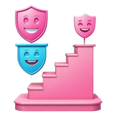 Minimalist 3D emoji-style podium with 2 steps on a green chroma key background. Step 1 (higher) features a handshake icon with blue neon glow. Step 2 (lower) features a smiling tooth with a shield icon and pink neon glow. Clean rendering, soft colors, uniform lighting. sticker