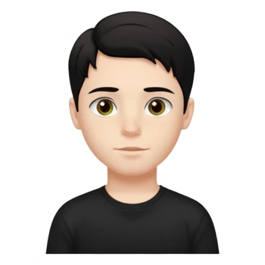 A beautiful boy with black hair and hazel green and brown eyes and white skin , with dark freckles and black t shirt with HAIRCUT: middle part hair hair with a center part haircut  sticker