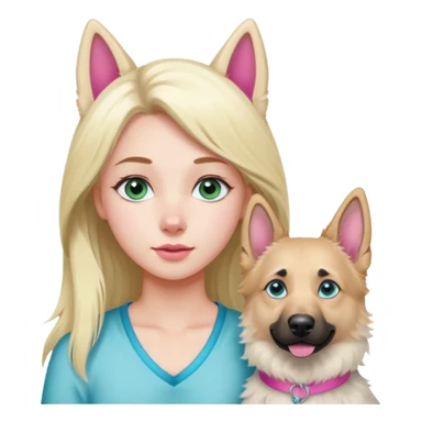 White European young woman with blue-green eyes and long blond hair with 1 pink streak in her hair with her white German Shepherd dog with pink nose and short fur sticker