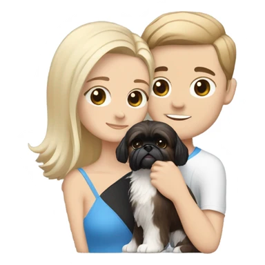White man with blonde hair and blue eyes and woman with brown eyes and hair hugging with black and white shih tzu sticker