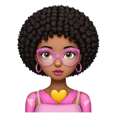 Dark brown skin girl with short black curly hair afro styled , she has pretty wispy cat eyelashes and is wearing a light pink tube top with lip gloss  sticker