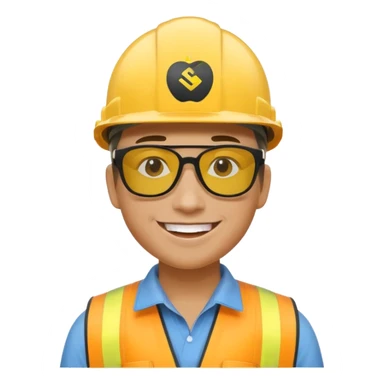 bonhomme avec un casque de chantier jaune, logo SRE visible, lunettes de soleil stylées, grand sourire, style emoji Apple sticker