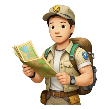 Icon for Adventure Movie: Mark Wahlberg among jungle in a jungle setting, holding a treasure map and surrounded by adventure gear. Behind him, ancient ruins rise through the dense foliage. Exciting, action-packed atmosphere with vivid jungle details. Transparent background. sticker