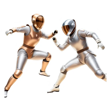 Two fencers in full protective gear duel on a professional piste, their foils clashing in mid-air. The background features a dynamic blur, symbolizing speed and precision. The scene is illuminated by bright arena lights, emphasizing the intensity of the match. Transparent background. sticker