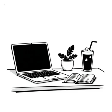 A desk by the window with summer sunshine in the background. On the desk, there is a laptop, a cup of iced coffee, and a small plant. An opened book is also present. sticker
