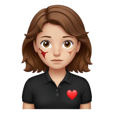 crie uma garota com ferimentos cabelo ondulado 2c castanho e blusa polo básica preta sticker