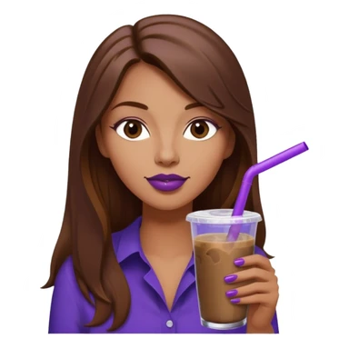 girl with long brown hair and wine lipstick drinking a blueberry butter pecan iced coffee with a purple straw  sticker