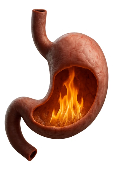 stomaco umano anatomico  con fiamma che brucia all'interno, iperrealistico 4k sticker