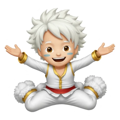Create a joyful cartoon-style emoji of Luffy as a laughing character with wild, fluffy white hair and a glowing white outfit. The character should have a big open smile, one hand on its face in laughter, and be in a dynamic mid-air pose with bent legs, as if carefree and floating. sticker