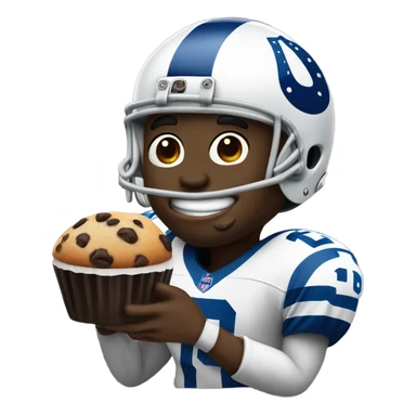 Black man with Colts football helmet eating a chocolate chip muffin sticker
