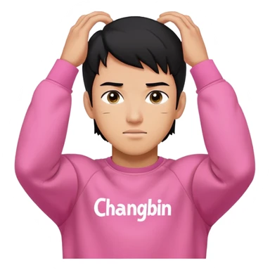 Muscular man with black hair and a pink sweatshirt with the name Changbin over his head sticker