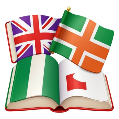 Italian to English dictionary book cover with correct Italian flag and extremely wrong British flag with completely incorrect colors like purple and orange or wrong symbols sticker