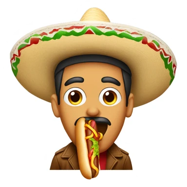 Mexican man wearing a sombrero, licking a hotdog sticker