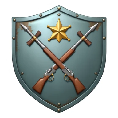 Insignia militar realista para videojuegos de guerra (estilo Battlefield), forma de escudo metálico con bordes desgastados. Incluye:

Símbolo: [fusiles cruzados / águila / estrellas / espada] sticker