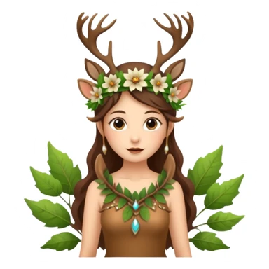 forest fairy woman dressed as deer spirit, antler crown and leaf dress, standing in flowers sticker