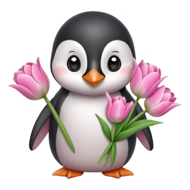 Cute baby penguin holding flower bouquet wraped in white paper and all flowers tulips in pink colour sticker