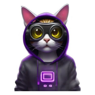 cat wearing a black hoodie with "OMG" letters on it and VR headset in a cyberpunk VR environment with violet neon lighting. sticker