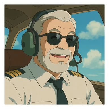 middle-aged male pilot, white skin, silver hair, beard, smiling, wearing sunglasses, ghibli anime style sticker