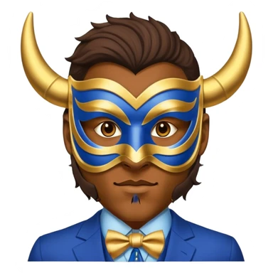 a man, with a Blue suit,  wear half-face golden Buffalo masquerade mask sticker