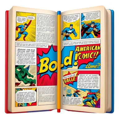 Create a detailed and vintage-inspired emoji representing comic books and graphic novels as a storytelling art form. The design should feature a large, open comic book with pages filled with classic American comic book panels. Include bold, dynamic lines and vibrant colors typical of vintage comics. A pencil (without a hand) should be writing text on the page, symbolizing the creation of the story. The overall design should evoke the classic feel of old-school comic books while incorporating the process of creating a graphic novel. Use rich, bold colors like red, yellow, and blue, and make the background transparent sticker