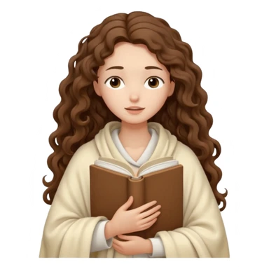 slender girl with fair skin with long curly brown hair wrapped in a cream blanket in her hands a white book eyes closed sticker