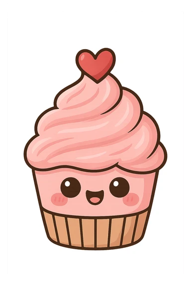 a cute pink cupcake with a heart, original design, big eyes, blushing cheeks, joyful sticker