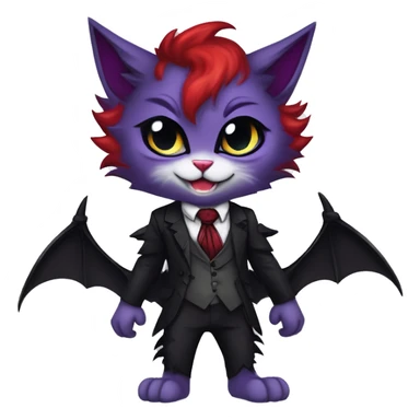 Anthro-Cute-Evil-Vampiric-Batty-Cat-Black-Purple-Red-Grey-White-Yellow-Contrast-Colors-Fantasy-Fur-Sona-Chibi-Shiny-Fakémon-Hybrid with horns and big fangs neck tie leg spats full body sticker
