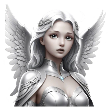 Cinematic Angel, Ultra realistic 32k HD, Breathtaking piece of art, rim lighting, hauntingly beautiful art, mostly greyscale, Balanced features, highly detailed digital artwork, glowing with silver light, glowing, high shine, deviant adoptable, highly detailed clothing, remembrance, a painting of white silver, fanciful, enchanting, ghostly, embodying the essence of both reality and fantasy, dreamy, dreamy glow, optical illusion, immaculate composition, complex pose, air composition. The image is so lifelike that it feels as though it could leap off the canvas at any moment sticker