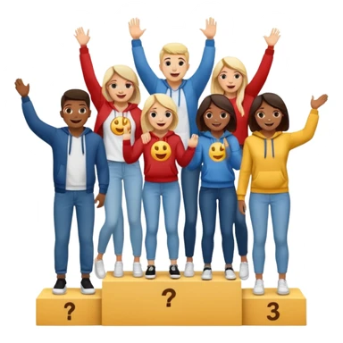 winners’ podium with multi-racial people, middle step higher, fun casual clothes like jeans, t-shirts, and hoodies, excited, fun, expressive emoji style sticker