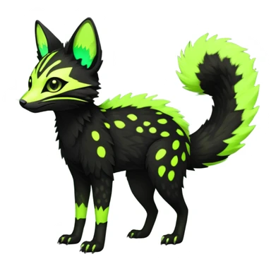 Rare realistic black edgy toxic radioactive-themed black fur with neon-lime-green-glowing  epic handsome gorgeous aesthetic vibrant Vernid-Trico-Genet-species-hybrid-Fakemon-creature by LiLaiRa, 4 legs, 1 tail, random markings, (full body) sticker