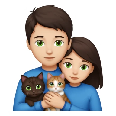 Crea un emoji donde salga un chico de pelo moreno con los ojos claros, una chica de pelo morena con los ojos marrones y UN gato europeo comun de pelaje oscuro y ojos verde claro, quiero que se esten abrazando el chico y la chica, y el gato este en el medio de los dos sticker