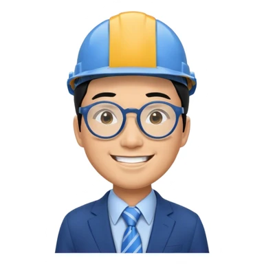 Young Business man with Black hair and round Glases, smiling, asian, blaue suit, with tie, in a construction helmet sticker