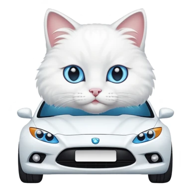 Please create a small emoji the size of 🚗 featuring a pure white cat with blue eyes on a white car. sticker