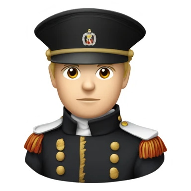 French soldier with white skin of Napoleon era in black cylinder hat and black Napoleon era uniform sticker