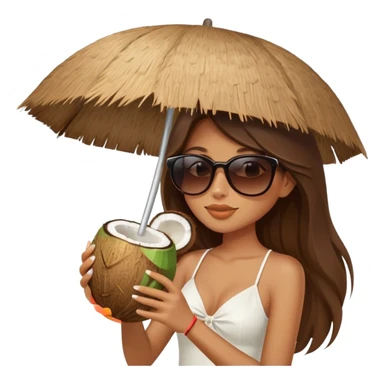 Girl with long brown hair wearing sunglasses and sipping from a coconut elegant sand and white aesthetic umbrella  sticker
