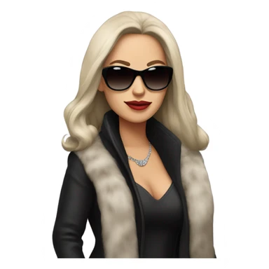 Beautiful long hair brunette mob wife with fur coat, black shirt and sunglasses sticker
