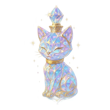 crystal luxurious elixir bottle in the shape of a kitten, pastel gradient, lots of shine, edges, ornaments, golden details, magical effects, very small golden collar, transparent background, beautiful merging base, clearly floating in the air, no base or shadow, very luxurious, playful, fitting a collection sticker