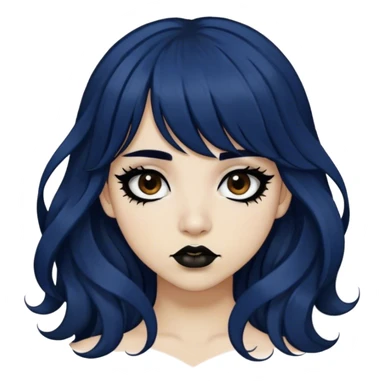 alternative / emo hispanic girl with very long dark blue wavy hair, bangs, BROWN LIPS, long black eyeliner, long eyelashes, and BLACK eyes  sticker