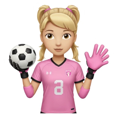 Make a dirty blonde football goalkeeper with goalkeeper gloves on holding a regular football. NOT AN AMERICAN FOOTBALK BALL. The girl is light skinned and wearing a light pink football. Wearing a ponytail with the dirty blonde. Make it without the whole body sticker