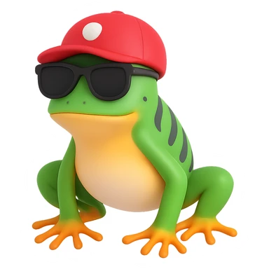 Tiny tropic frog wearing a baseball cap and sunglasses, 3d emoji style sticker