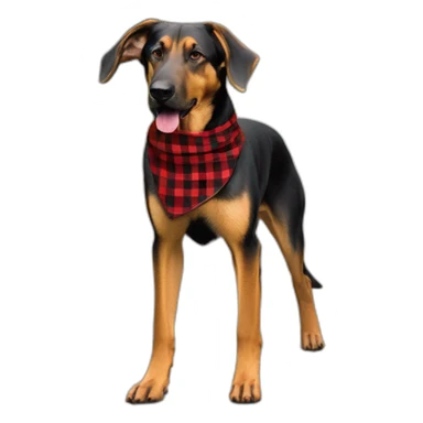 adult 75% Coonhound 25% German Shepherd mix dog with visible tail wearing small pointed red buffalo plaid bandana full body walking left quickly sticker