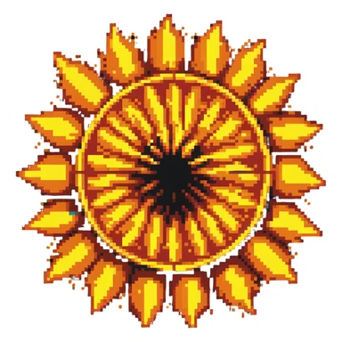 Bomberman explosion center tile, bright fiery explosion core with yellows and oranges radiating from center, circular explosion pattern, clean pixel art edges, slight transparency at edges sticker