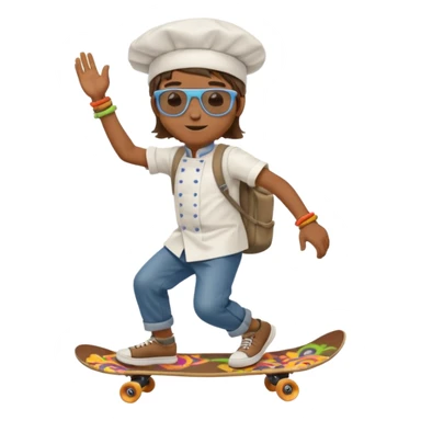 ["A happy boy with brown skin, straight hair, wearing a chef hat and sunglasses, dressed in hippie fashion, is skateboarding while holding a backpack."] sticker