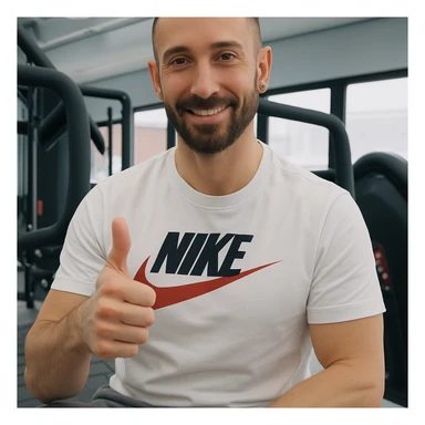 The man in the photo is making the OK gesture with his thumb up, showing a satisfied expression, in a gym environment, photorealistic style. sticker