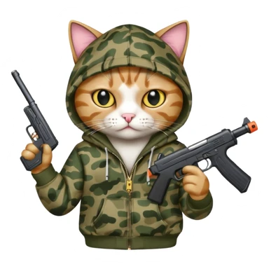 A gangster cat wearing a bape hoodie with a BB gun sticker