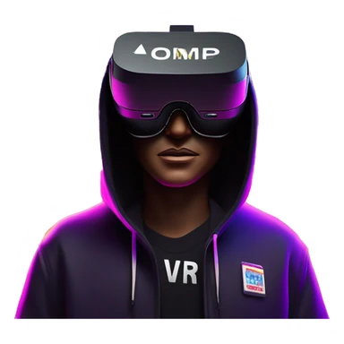 Donald Trump wearing a black hoodie with "OMG" letters on it and VR headset oculus quest 2 in a cyberpunk VR environment with violet neon lighting. sticker