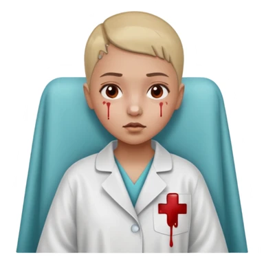 A nine year old girl that is wearing a hospital bed coat that has a buzz cut and her nose is bleeding sticker