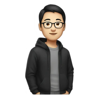 A mature Chinese boy with black hair and circle-shaped eyeglasses wearing black hoodie sticker